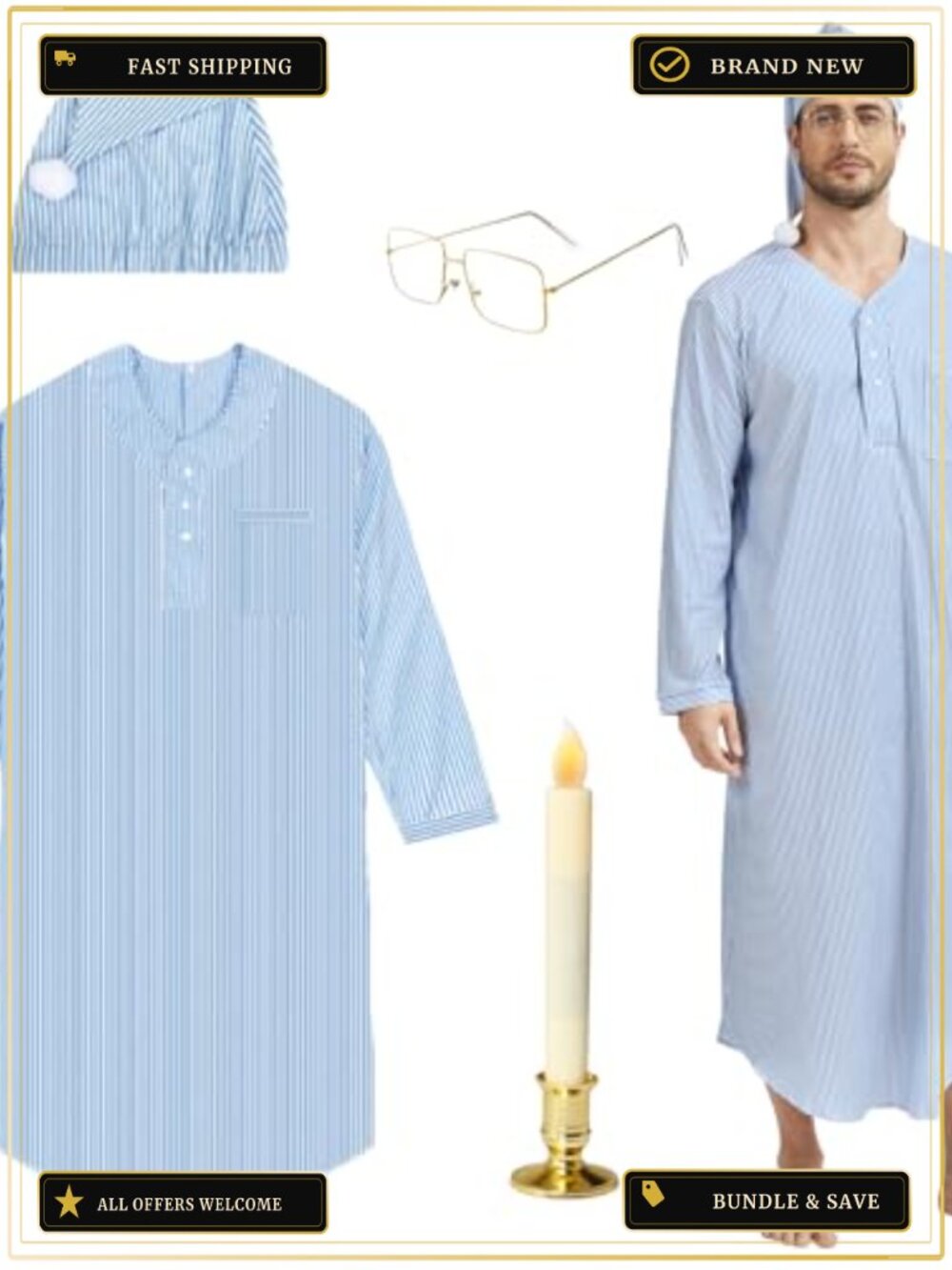 Men's Christmas Pajama Set Cosplay Costume Nightgown Sleep Cap Glasses